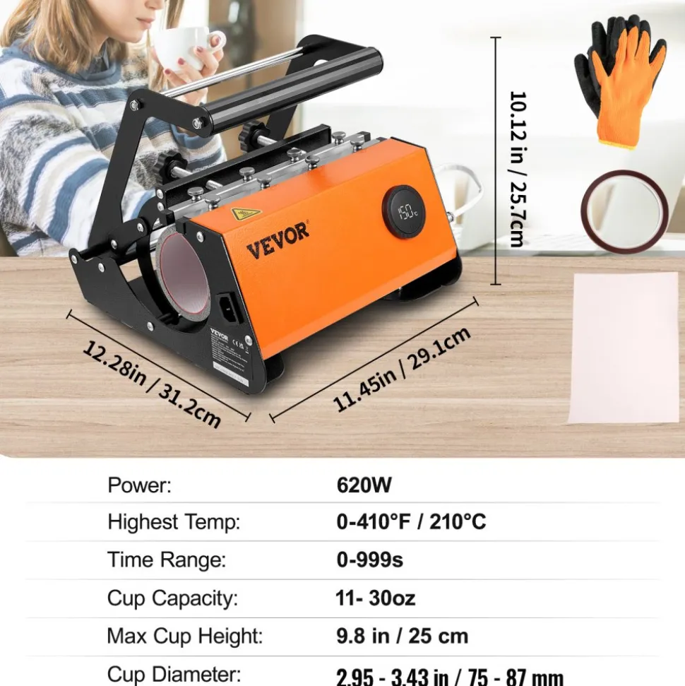 VEVOR Tumbler Heat Press, 30oz Mug Heat Press Machine, Sublimation Transfer 11-15oz 16-25oz 30oz Straight Skinny Tumblers, with Heat-Resist Gloves and Tape, for DIY Ceramic Mugs Cups Glasses