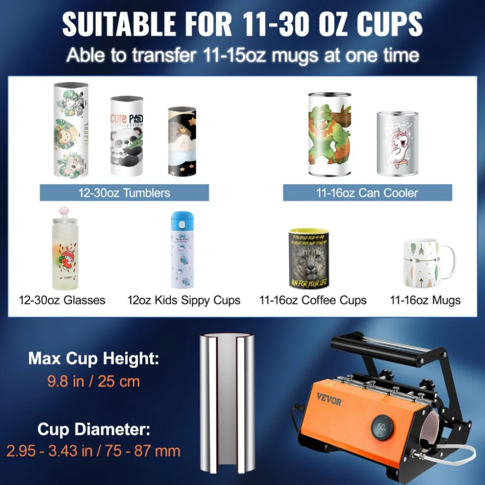 VEVOR Tumbler Heat Press, 30oz Mug Heat Press Machine, Sublimation Transfer 11-15oz 16-25oz 30oz Straight Skinny Tumblers, with Heat-Resist Gloves and Tape, for DIY Ceramic Mugs Cups Glasses