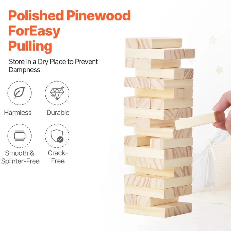 VEVOR Tumbling Timber Toy, 54 Blocks Tumble Tower Blocks Game, Pine Wood Tumbling Tower Game with Storage Crate, Multiple Ways to Play Wooden Stacking Game, Tumble Tower Family Game for Indoor/Outdoor