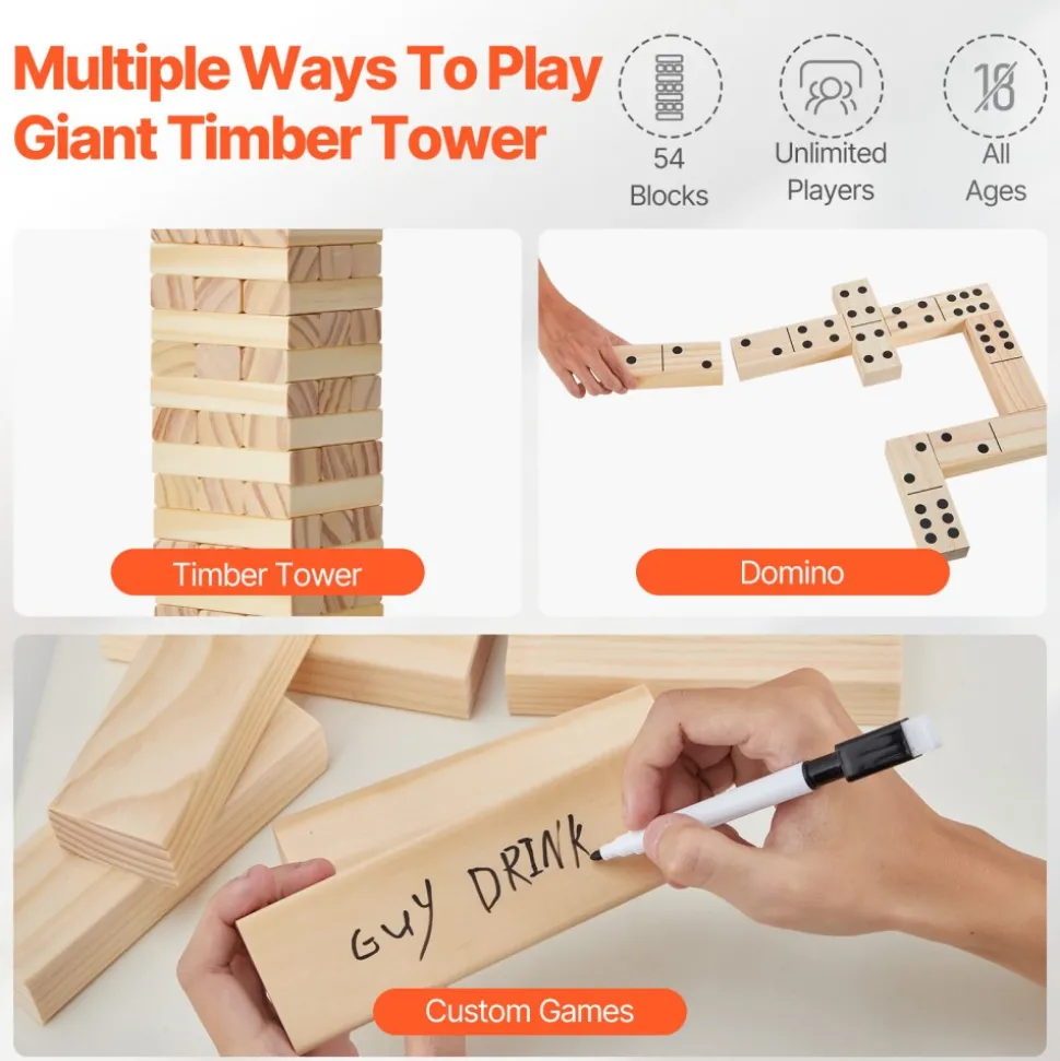 VEVOR Tumbling Timber Toy, 54 Blocks Tumble Tower Blocks Game, Pine Wood Tumbling Tower Game with Storage Crate, Multiple Ways to Play Wooden Stacking Game, Tumble Tower Family Game for Indoor/Outdoor