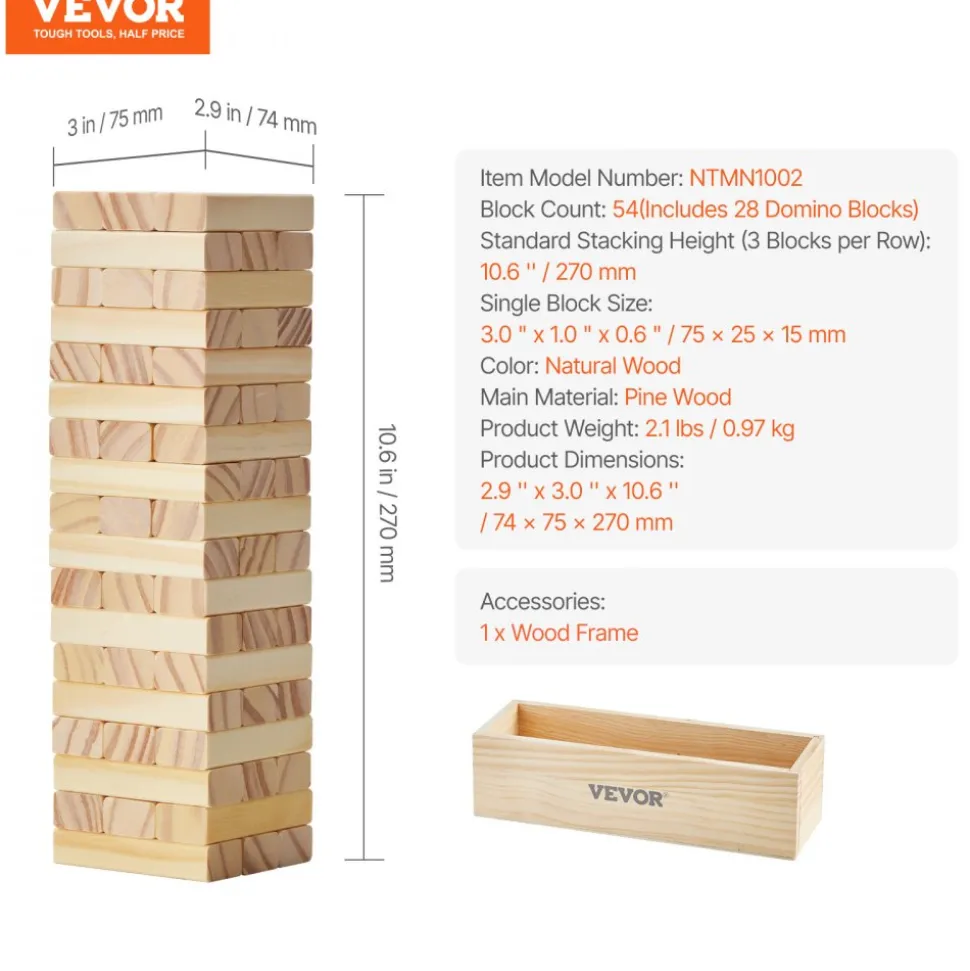 VEVOR Tumbling Timber Toy, 54 Blocks Tumble Tower Blocks Game, Pine Wood Tumbling Tower Game with Storage Crate, Multiple Ways to Play Wooden Stacking Game, Tumble Tower Family Game for Indoor/Outdoor