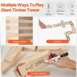 VEVOR Tumbling Timber Toy, 60 Blocks Giant Tumble Tower Blocks Game, Pine Wood Tumbling Tower Game with Carry Bag and Scoreboard, Wooden Stacking Game, Tumble Tower Family Games for Indoor/Outdoor