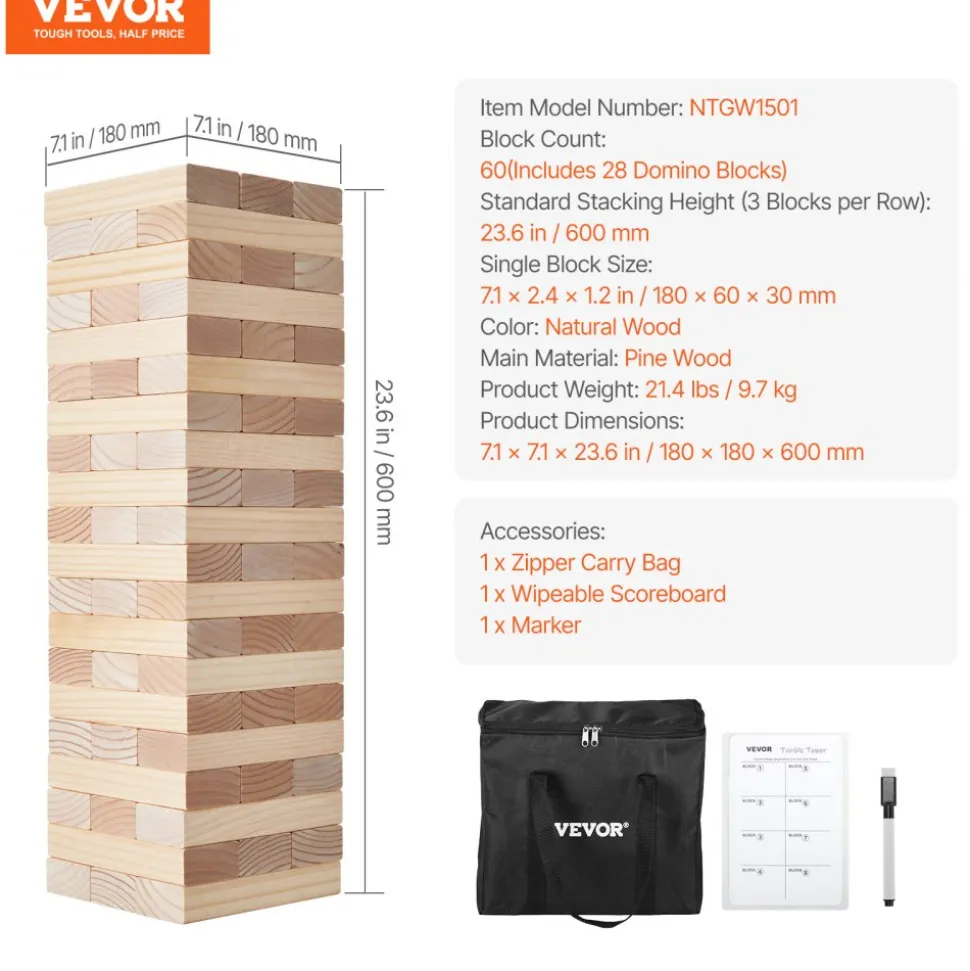 VEVOR Tumbling Timber Toy, 60 Blocks Giant Tumble Tower Blocks Game, Pine Wood Tumbling Tower Game with Carry Bag and Scoreboard, Wooden Stacking Game, Tumble Tower Family Games for Indoor/Outdoor