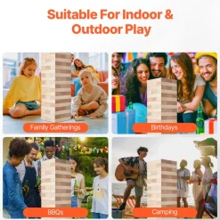 VEVOR Tumbling Timber Toy, 60 Blocks Giant Tumble Tower Blocks Game, Pine Wood Tumbling Tower Game with Carry Bag and Scoreboard, Wooden Stacking Game, Tumble Tower Family Games for Indoor/Outdoor
