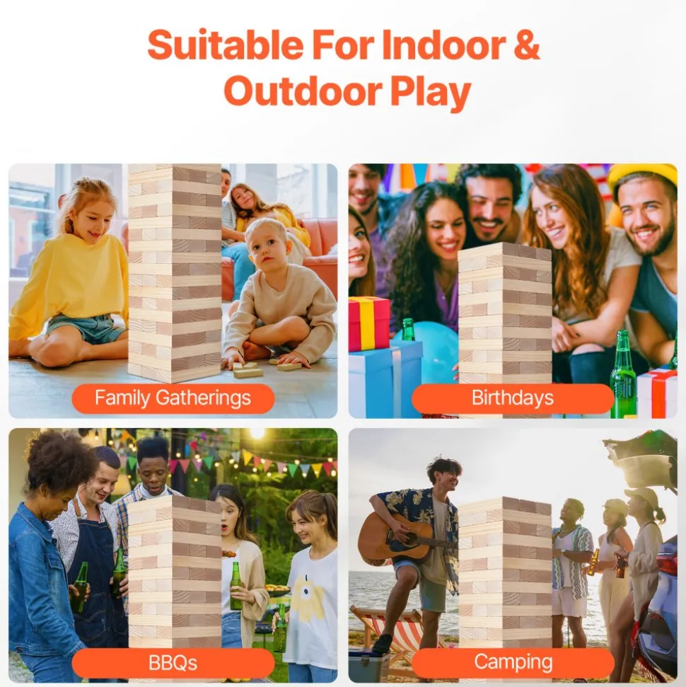 VEVOR Tumbling Timber Toy, 60 Blocks Giant Tumble Tower Blocks Game, Pine Wood Tumbling Tower Game with Carry Bag and Scoreboard, Wooden Stacking Game, Tumble Tower Family Games for Indoor/Outdoor