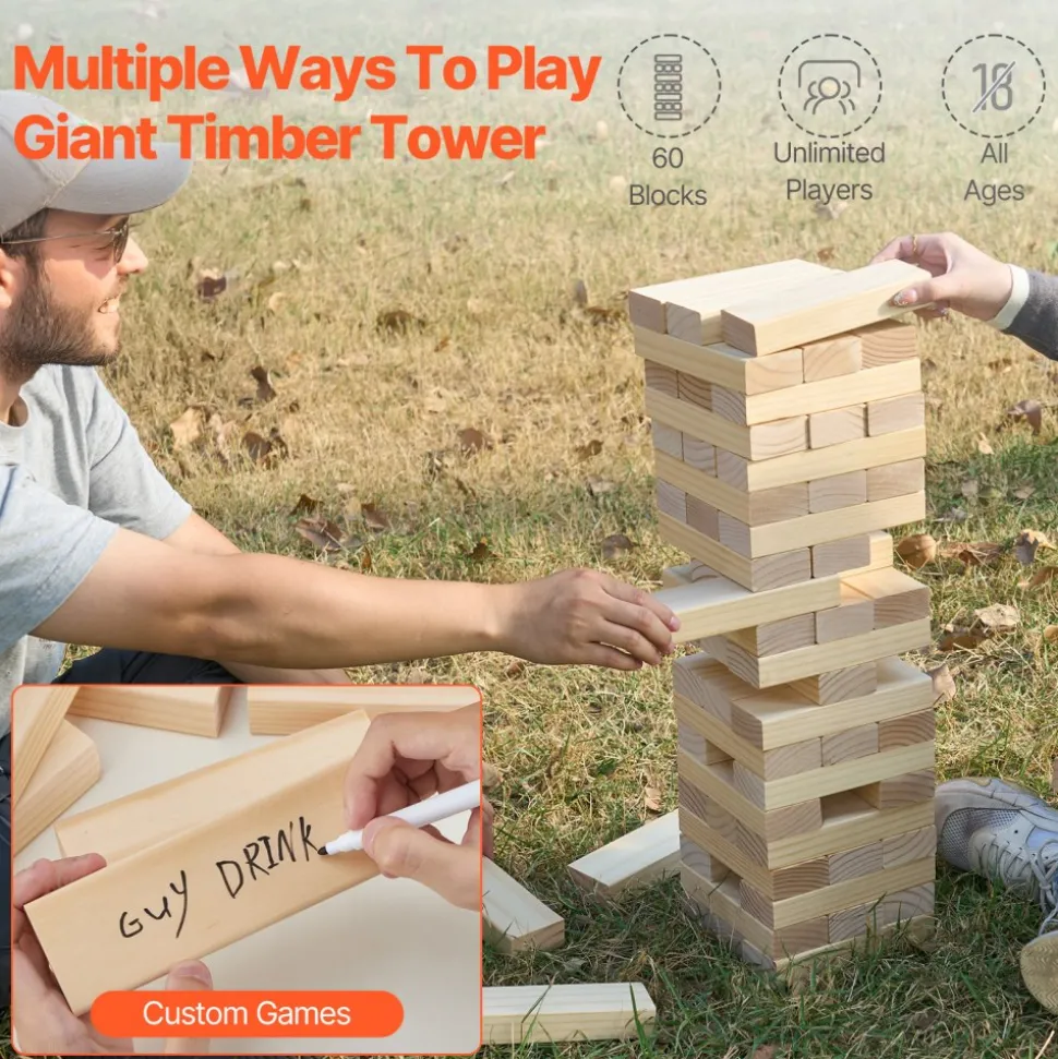 VEVOR Tumbling Timber Toy, 60 Blocks Giant Tumble Tower Blocks Game, Pine Wood Tumbling Tower Game with Storage Crate and Scoreboard, Wooden Stacking Game, Tumble Tower Family Games for Indoor/Outdoor