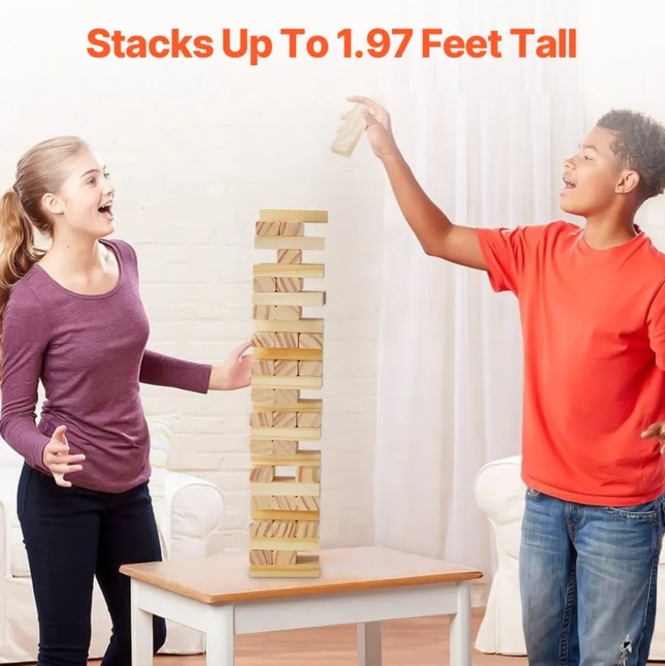 VEVOR Tumbling Timber Toy, 54 Blocks Tumble Tower Blocks Game, Pine Wood Tumbling Tower Game with Storage Crate, Wooden Stacking Game for 1 or More Players, Tumble Tower Family Game for Indoor/Outdoor