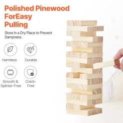 VEVOR Tumbling Timber Toy, 54 Blocks Tumble Tower Blocks Game, Pine Wood Tumbling Tower Game with Storage Crate, Wooden Stacking Game for 1 or More Players, Tumble Tower Family Game for Indoor/Outdoor