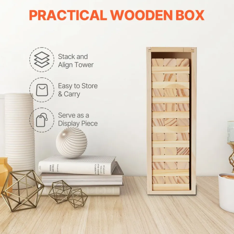 VEVOR Tumbling Timber Toy, 54 Blocks Tumble Tower Blocks Game, Pine Wood Tumbling Tower Game with Storage Crate, Wooden Stacking Game for 1 or More Players, Tumble Tower Family Game for Indoor/Outdoor