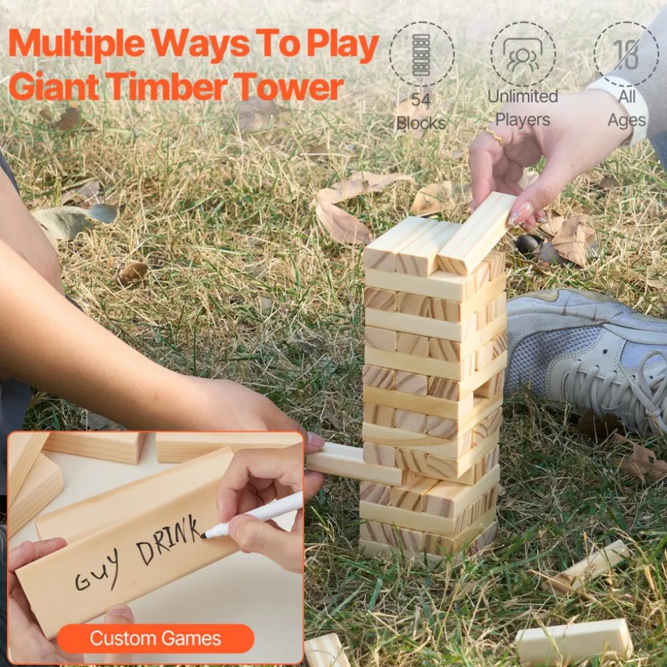 VEVOR Tumbling Timber Toy, 54 Blocks Tumble Tower Blocks Game, Pine Wood Tumbling Tower Game with Storage Crate, Wooden Stacking Game for 1 or More Players, Tumble Tower Family Game for Indoor/Outdoor
