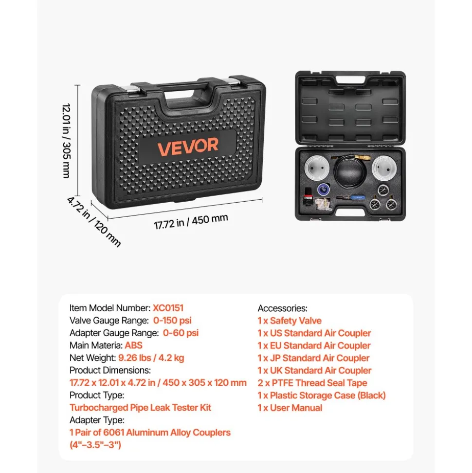 VEVOR Turbo Boost Leak Tester Kit, Compatible with 3"/3.5"/4" Pipe, 0-150 PSI Valve Gauge & 0-60 PSI Adapter Gauge, Turbo System Leakage Tester Set with 4 Pairs of Air Fittings for Diesel Trucks, SUVs