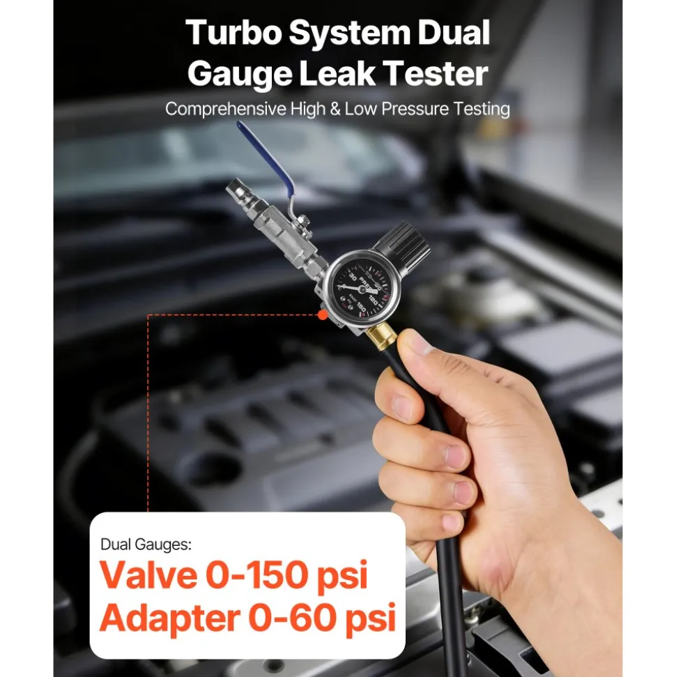 VEVOR Turbo Boost Leak Tester Kit, Compatible with 3"/3.5"/4" Pipe, 0-150 PSI Valve Gauge & 0-60 PSI Adapter Gauge, Turbo System Leakage Tester Set with 4 Pairs of Air Fittings for Diesel Trucks, SUVs