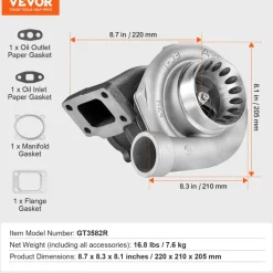 VEVOR Turbo Turbocharger with Gasket Kit, Turbo Charger Replacement for Car Engines, Compatible with 2.5L-6.0L Engine Displacements, Heat Resistance Engine Turbocharger with K418 Alloy Impeller