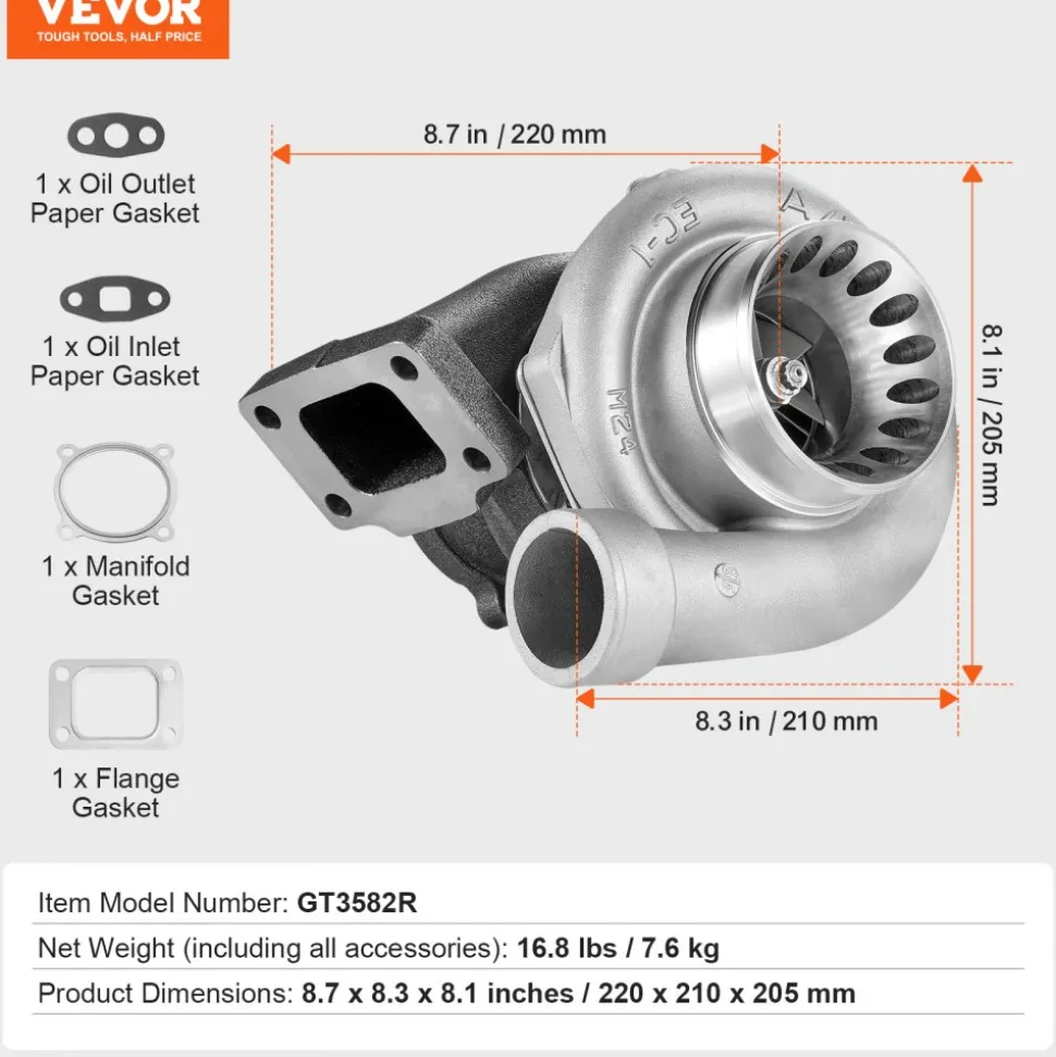 VEVOR Turbo Turbocharger with Gasket Kit, Turbo Charger Replacement for Car Engines, Compatible with 2.5L-6.0L Engine Displacements, Heat Resistance Engine Turbocharger with K418 Alloy Impeller