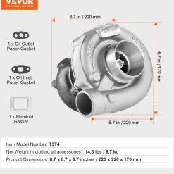 VEVOR Turbo Turbocharger with Gasket Kit, Turbo Charger Replacement for Car Engines, Compatible with 1.5L-4.0L Engine Displacements, Heat Resistance Engine Turbocharger with K418 Alloy Impeller