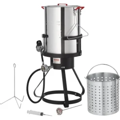 VEVOR Turkey Deep Fryer, 30-qt Turkey Fryer Boiler Steamer Cooker Set, Outdoor Aluminum Seafood Frying Pot, 54,000 BTU Burner Propane Gas Boiler, Includes Basket, Perforated Poultry Rack, Thermometer