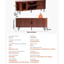 VEVOR TV Stand, Boho Entertainment Center for TVs up to 58 in, 350 lbs Load, TV Media Console Table with Adjustable Storage Shelves & Rolling Door, Television Stand for Living Room, Bedroom, Brown