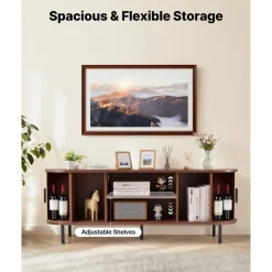 VEVOR TV Stand, Boho Entertainment Center for TVs up to 58 in, 350 lbs Load, TV Media Console Table with Adjustable Storage Shelves & Rolling Door, Television Stand for Living Room, Bedroom, Brown