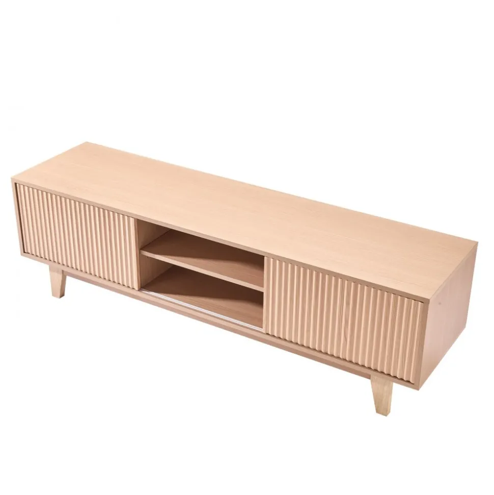 VEVOR TV Stand, Boho Entertainment Center for TVs up to 59 in, 350 lbs Load Capacity, TV Media Console Table with Adjustable Open Storage Shelves & Sliding Door for Living Room, Bedroom, Burlywood