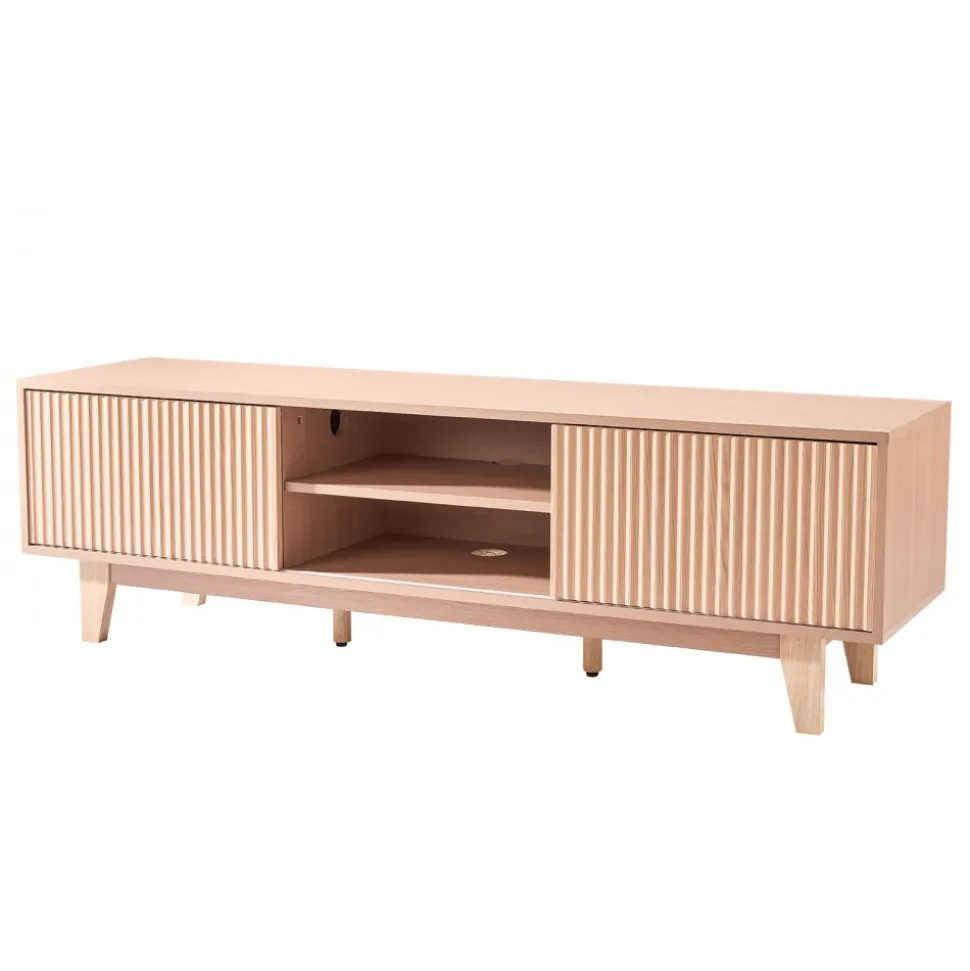 VEVOR TV Stand, Boho Entertainment Center for TVs up to 59 in, 350 lbs Load Capacity, TV Media Console Table with Adjustable Open Storage Shelves & Sliding Door for Living Room, Bedroom, Burlywood