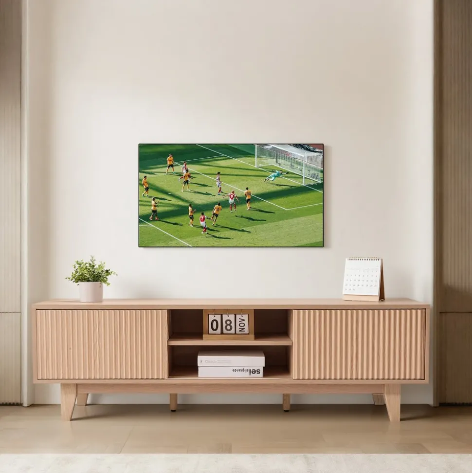 VEVOR TV Stand, Boho Entertainment Center for TVs up to 59 in, 350 lbs Load Capacity, TV Media Console Table with Adjustable Open Storage Shelves & Sliding Door for Living Room, Bedroom, Burlywood