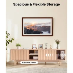 VEVOR TV Stand, Boho Entertainment Center for TVs up to 59 in, 350 lbs Load Capacity, TV Media Console Table with Adjustable Open Storage Shelves & Sliding Door for Living Room, Bedroom, Burlywood