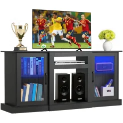 VEVOR TV Stand for TVs up to 65 inch, Modern Entertainment Center with Light Strip, Wooden TV Cabinet Storage with Glass Doors and Adjustable Shelves, Console Table for Living Room and Bedroom, Black