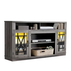VEVOR TV Stand for TVs up to 65 inch, Farmhouse Entertainment Center with Light Strip, Wooden TV Cabinet Storage with Glass Doors and Adjustable Shelves, Console Table for Living Room, Bedroom, Gray