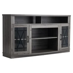 VEVOR TV Stand for TVs up to 65 inch, Farmhouse Entertainment Center with Light Strip, Wooden TV Cabinet Storage with Glass Doors and Adjustable Shelves, Console Table for Living Room, Bedroom, Gray