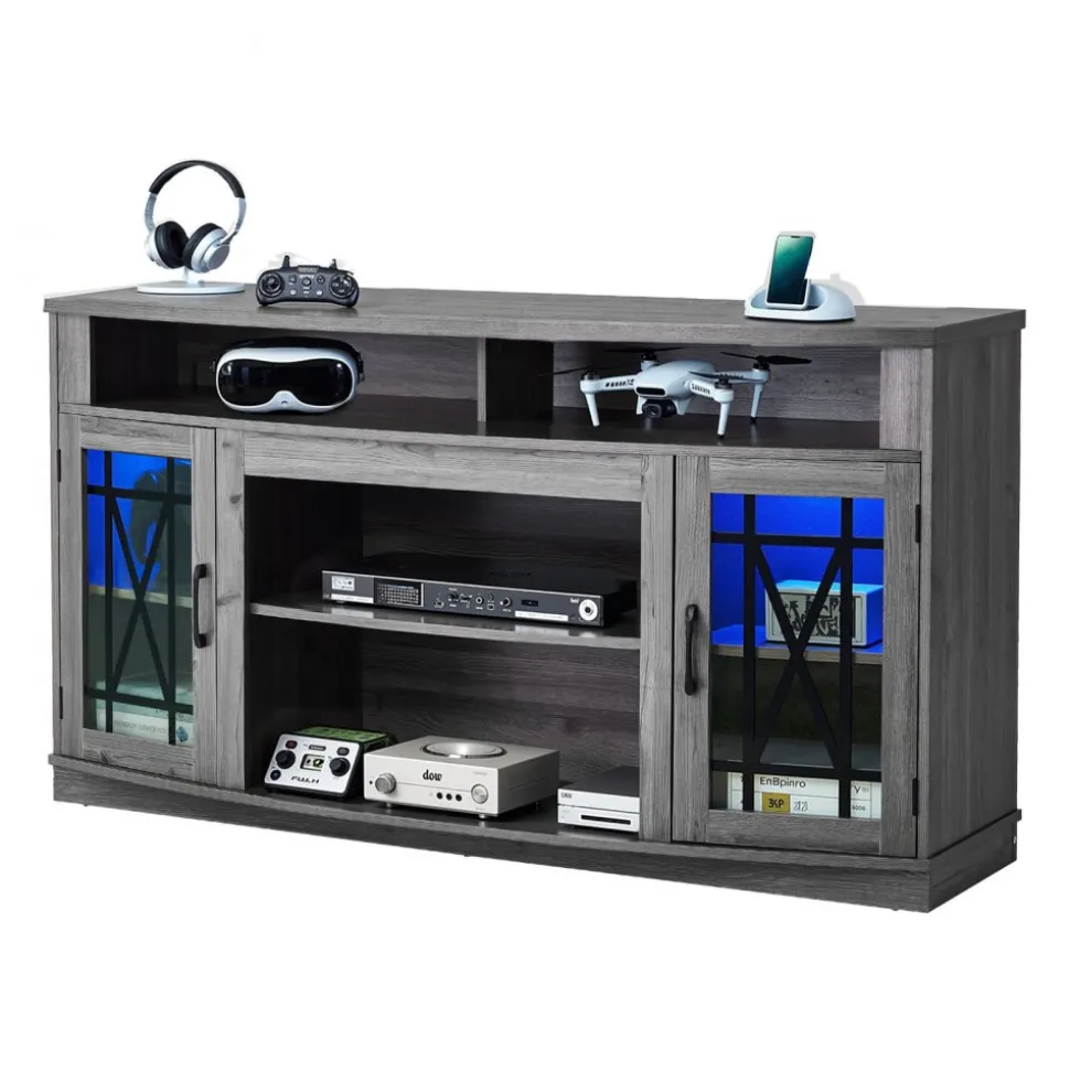 VEVOR TV Stand for TVs up to 65 inch, Farmhouse Entertainment Center with Light Strip, Wooden TV Cabinet Storage with Glass Doors and Adjustable Shelves, Console Table for Living Room, Bedroom, Gray