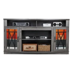 VEVOR TV Stand for TVs up to 65 inch, Farmhouse Entertainment Center with Light Strip, Wooden TV Cabinet Storage with Glass Doors and Adjustable Shelves, Console Table for Living Room, Bedroom, Gray