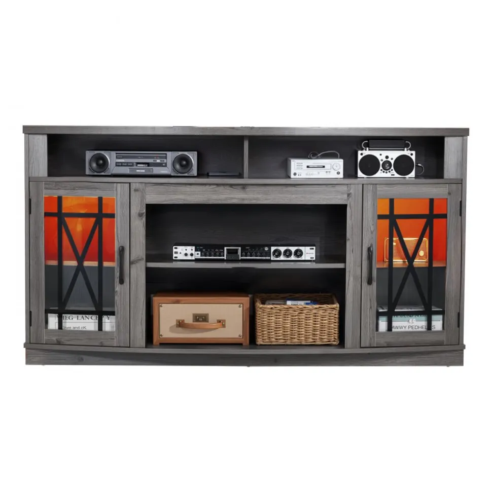 VEVOR TV Stand for TVs up to 65 inch, Farmhouse Entertainment Center with Light Strip, Wooden TV Cabinet Storage with Glass Doors and Adjustable Shelves, Console Table for Living Room, Bedroom, Gray