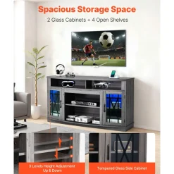 VEVOR TV Stand for TVs up to 65 inch, Farmhouse Entertainment Center with Light Strip, Wooden TV Cabinet Storage with Glass Doors and Adjustable Shelves, Console Table for Living Room, Bedroom, Gray
