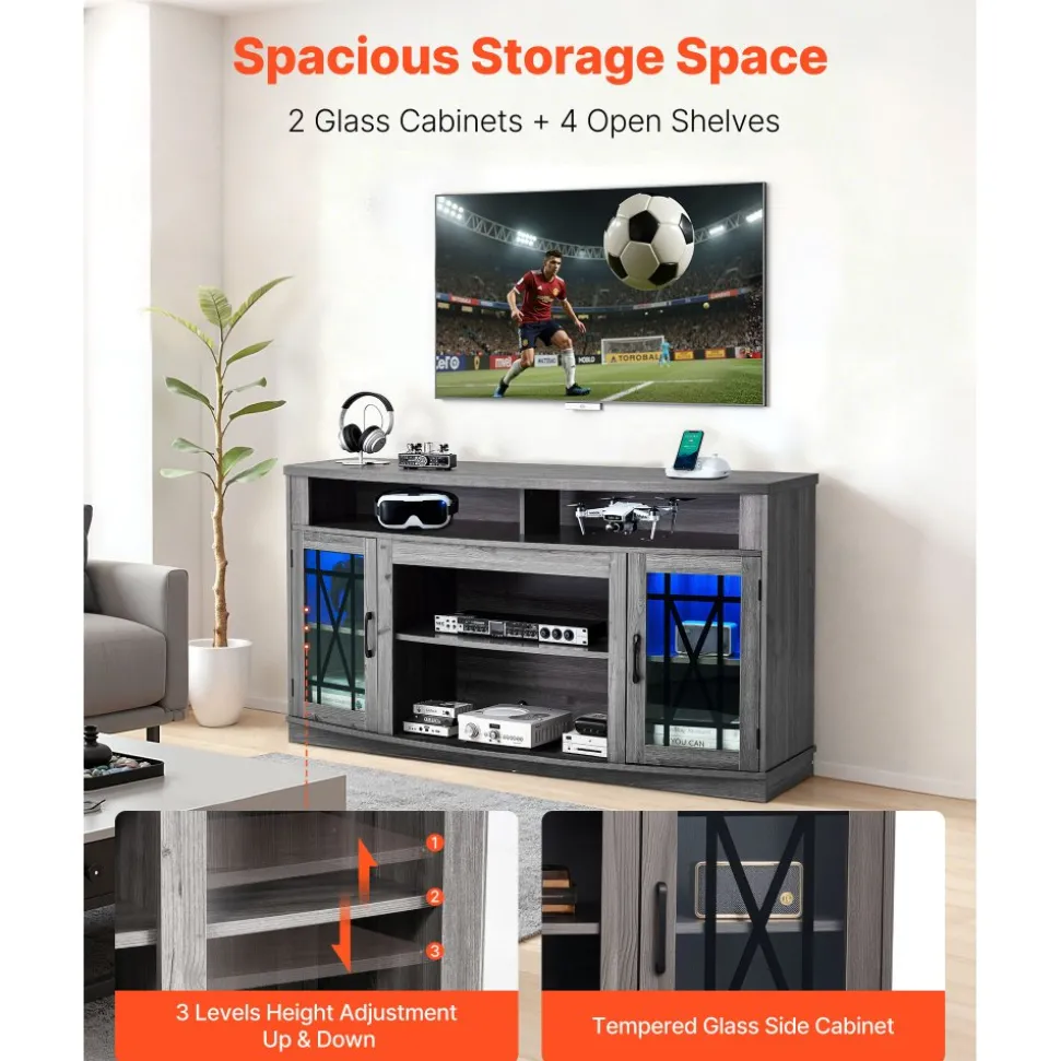 VEVOR TV Stand for TVs up to 65 inch, Farmhouse Entertainment Center with Light Strip, Wooden TV Cabinet Storage with Glass Doors and Adjustable Shelves, Console Table for Living Room, Bedroom, Gray