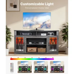 VEVOR TV Stand for TVs up to 65 inch, Farmhouse Entertainment Center with Light Strip, Wooden TV Cabinet Storage with Glass Doors and Adjustable Shelves, Console Table for Living Room, Bedroom, Gray