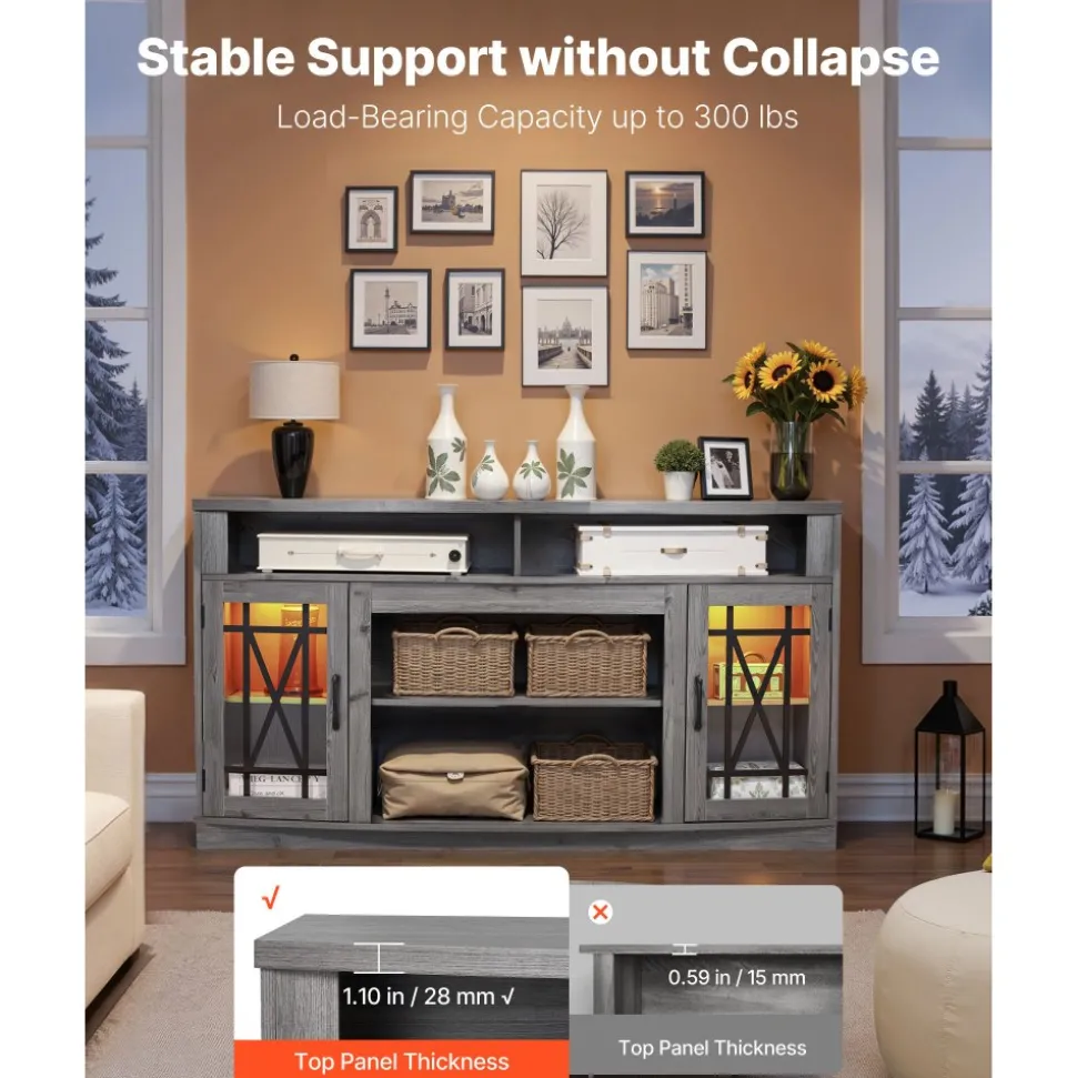 VEVOR TV Stand for TVs up to 65 inch, Farmhouse Entertainment Center with Light Strip, Wooden TV Cabinet Storage with Glass Doors and Adjustable Shelves, Console Table for Living Room, Bedroom, Gray