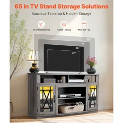 VEVOR TV Stand for TVs up to 65 inch, Farmhouse Entertainment Center with Light Strip, Wooden TV Cabinet Storage with Glass Doors and Adjustable Shelves, Console Table for Living Room, Bedroom, Gray