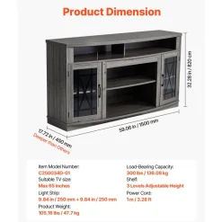 VEVOR TV Stand for TVs up to 65 inch, Farmhouse Entertainment Center with Light Strip, Wooden TV Cabinet Storage with Glass Doors and Adjustable Shelves, Console Table for Living Room, Bedroom, Gray