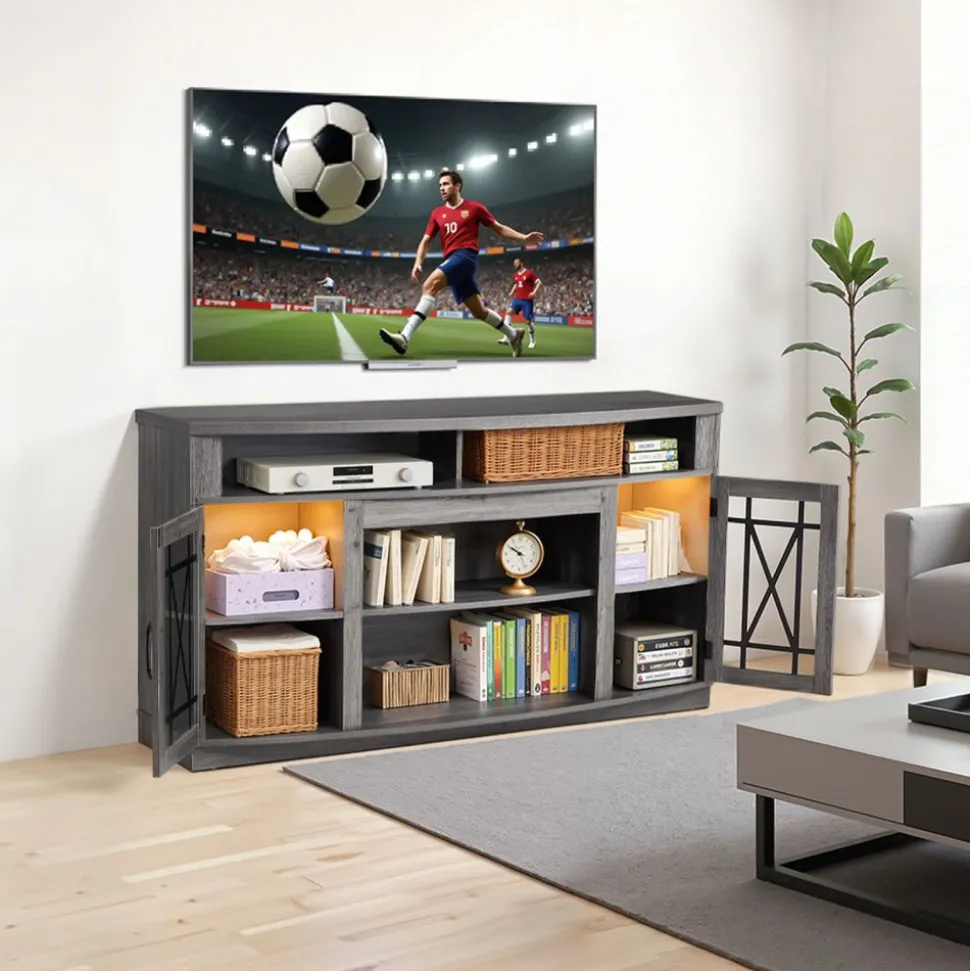 VEVOR TV Stand for TVs up to 65 inch, Farmhouse Entertainment Center with Light Strip, Wooden TV Cabinet Storage with Glass Doors and Adjustable Shelves, Console Table for Living Room, Bedroom, Gray
