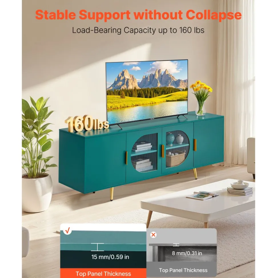 VEVOR TV Stand for TVs up to 75 inch, Modern Entertainment Center with Glass Doors and Gold Legs, TV Cabinet Storage with Adjustable Shelves, Media Console Table for Living Room and Bedroom, Green