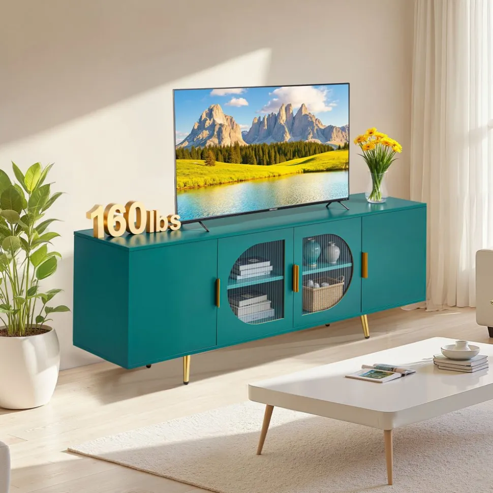 VEVOR TV Stand for TVs up to 75 inch, Modern Entertainment Center with Glass Doors and Gold Legs, TV Cabinet Storage with Adjustable Shelves, Media Console Table for Living Room and Bedroom, Green
