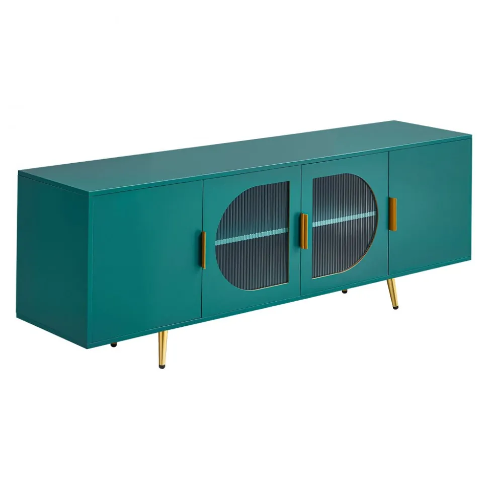 VEVOR TV Stand for TVs up to 75 inch, Modern Entertainment Center with Glass Doors and Gold Legs, TV Cabinet Storage with Adjustable Shelves, Media Console Table for Living Room and Bedroom, Green