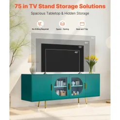 VEVOR TV Stand for TVs up to 75 inch, Modern Entertainment Center with Glass Doors and Gold Legs, TV Cabinet Storage with Adjustable Shelves, Media Console Table for Living Room and Bedroom, Green