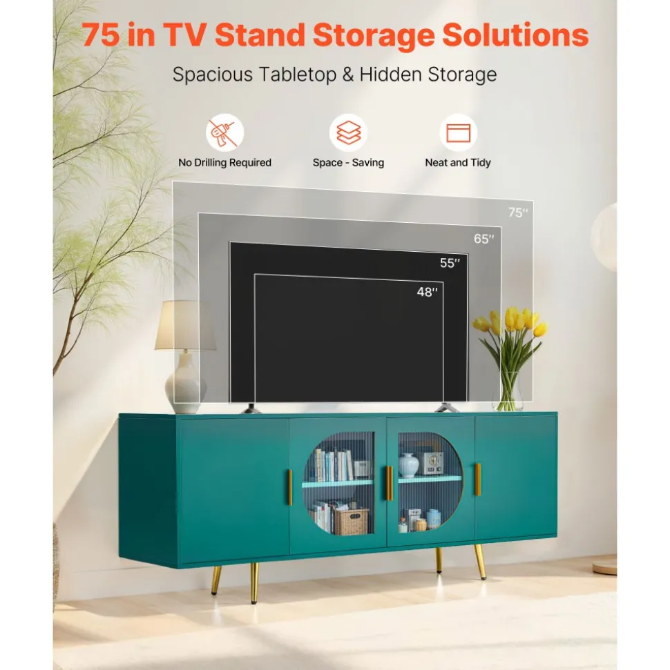VEVOR TV Stand for TVs up to 75 inch, Modern Entertainment Center with Glass Doors and Gold Legs, TV Cabinet Storage with Adjustable Shelves, Media Console Table for Living Room and Bedroom, Green