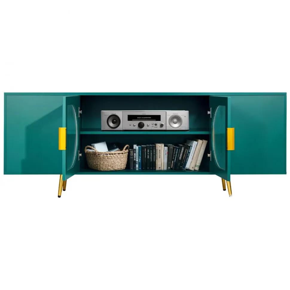 VEVOR TV Stand for TVs up to 75 inch, Modern Entertainment Center with Glass Doors and Gold Legs, TV Cabinet Storage with Adjustable Shelves, Media Console Table for Living Room and Bedroom, Green
