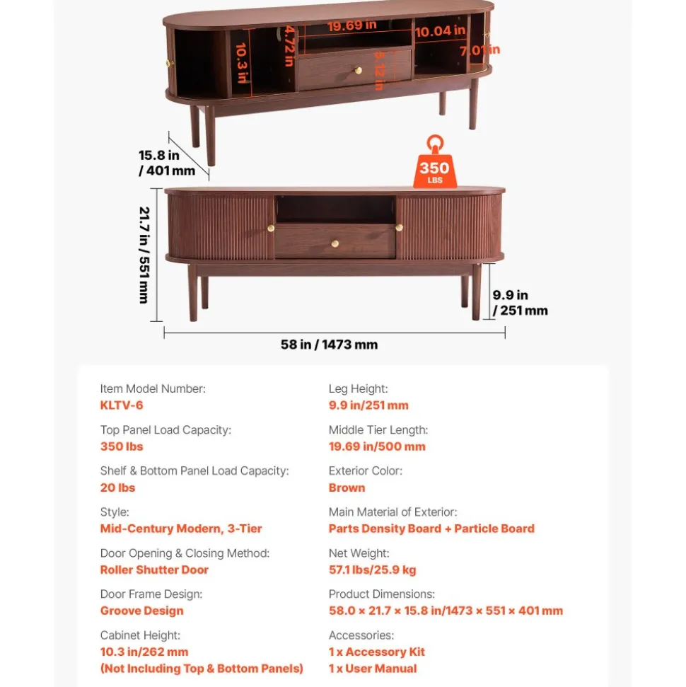 VEVOR TV Stand, Mid Century Modern Entertainment Center for TVs up to 58 in, 350 lbs Load Capacity, TV Media Console Table with Drawer, Open Storage Shelves & Rolling Door for Living Room, Bedroom