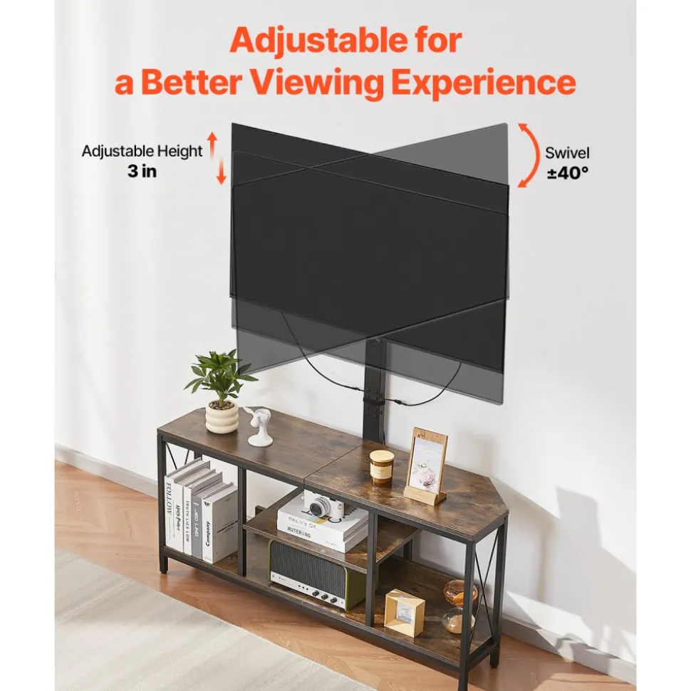 VEVOR 45" TV Stand with Mount for up to 75 in TVs, Entertainment Center with Power Outlet & LED Lights, Height Adjustable TV Console with Mount with 3 Tiers Storage Cabinets for Bedroom, Living Room