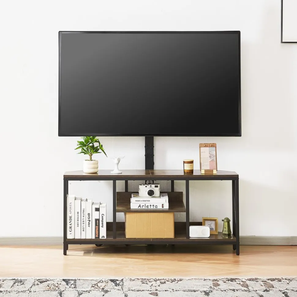 VEVOR 45" TV Stand with Mount for up to 75 in TVs, Entertainment Center with Power Outlet & LED Lights, Height Adjustable TV Console with Mount with 3 Tiers Storage Cabinets for Bedroom, Living Room