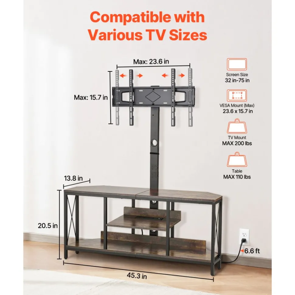 VEVOR 45" TV Stand with Mount for up to 75 in TVs, Entertainment Center with Power Outlet & LED Lights, Height Adjustable TV Console with Mount with 3 Tiers Storage Cabinets for Bedroom, Living Room