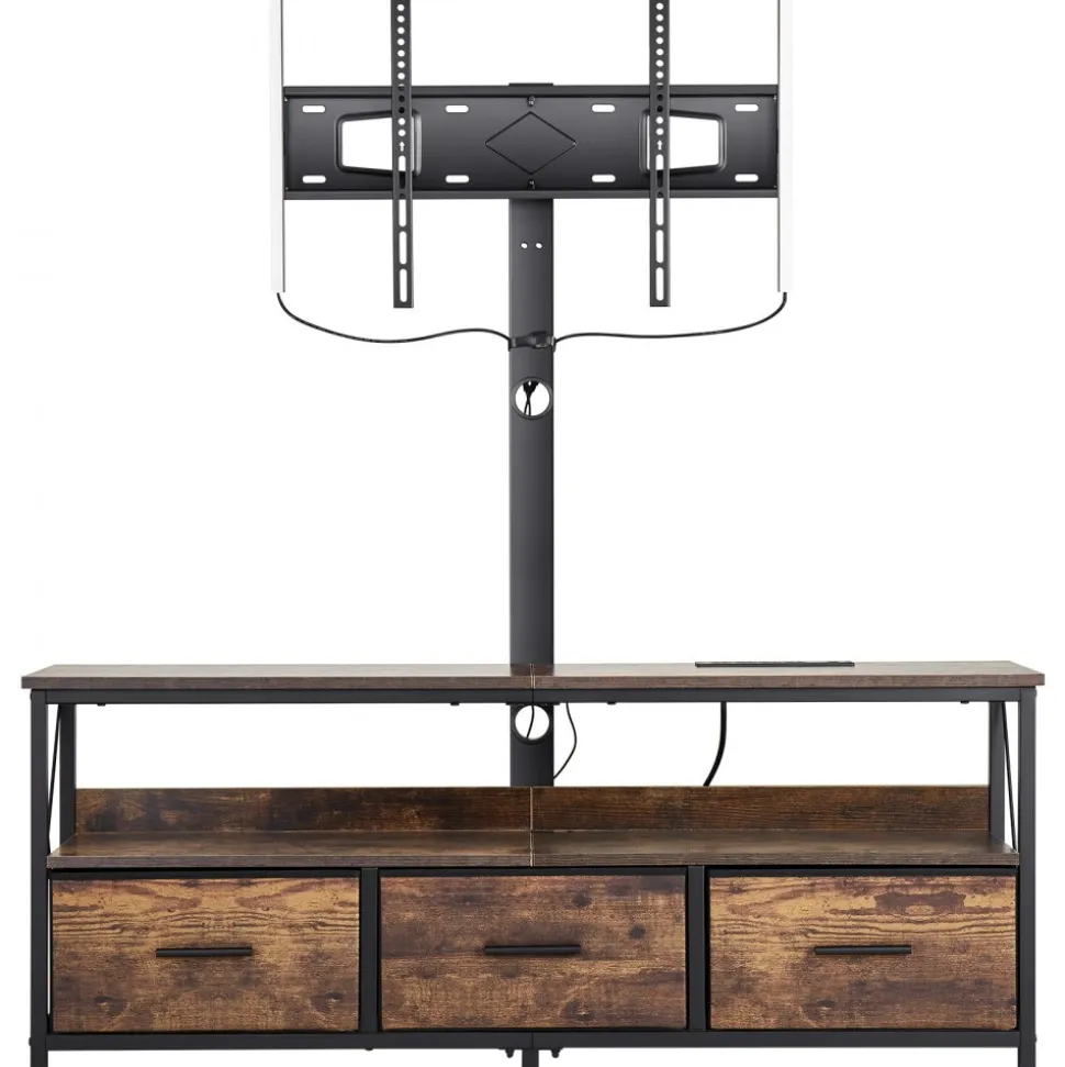 VEVOR 52" TV Stand with Mount for up to 75 in TVs, Entertainment Center with Power Outlet & LED Lights, Height Adjustable TV Console with Mount with 3 Drawers for Bedroom, Living Room, Brown